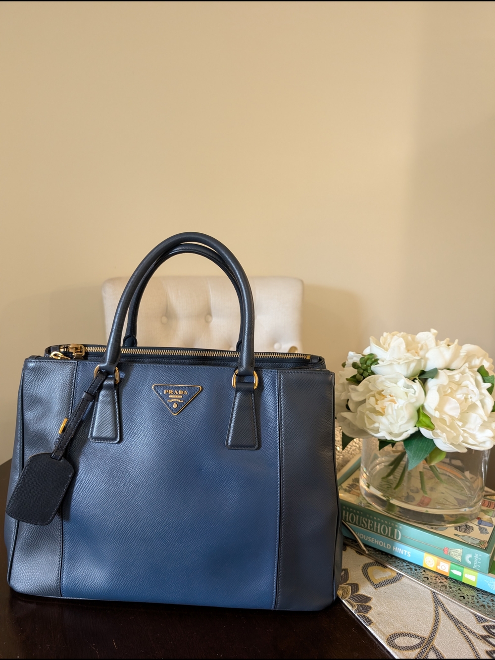 Prada Navy Saffiano Leather Tote with Gold Hardware - Picture 9 of 16